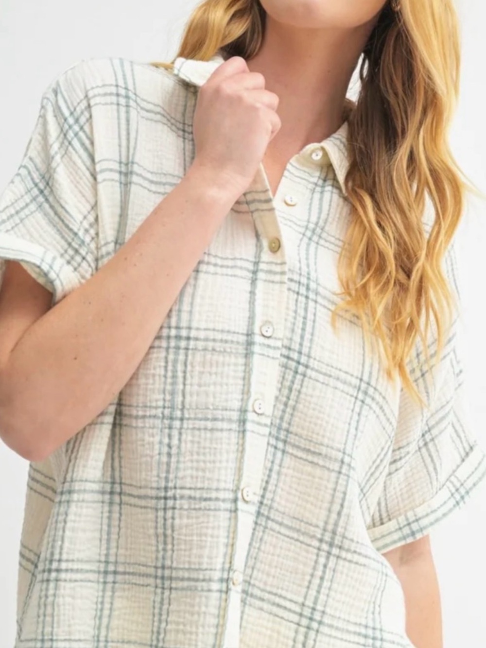 Madewell Cream Button-Up Muscle Tee with Blue Windowpane Plaid - Picture 7 of 10